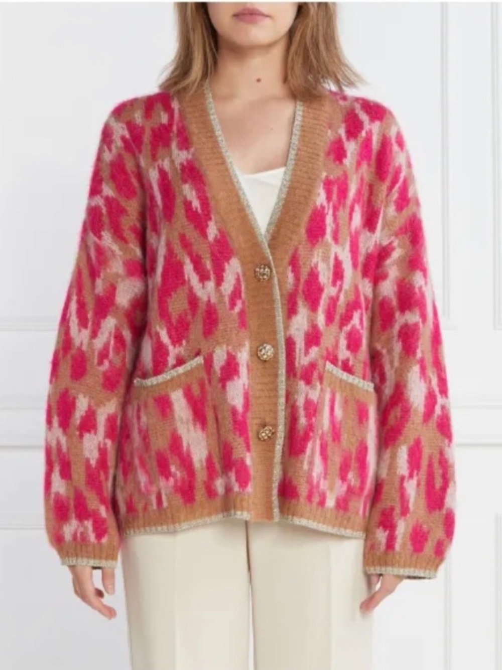 LIU JO Alpaca Wool Pink Leopard Print Cardigan With Gold Buttons